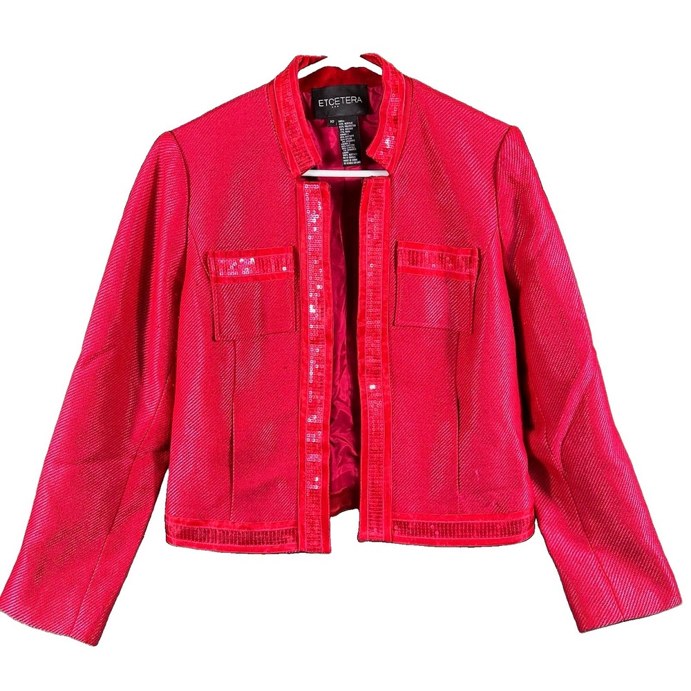 Etcetera Red Beaded Embellished Open Blazer Jacket Womens 10 Sequins Designer